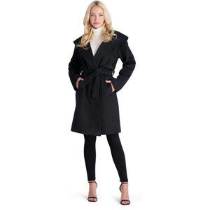 AVEC LES FILLES Belted Hooded Wrap Coat Black Medium NEW
